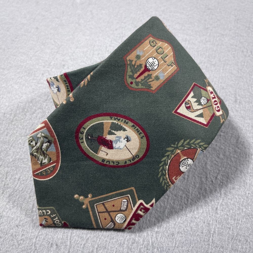 VTG Surrey Tie Men Green Golf Club Print Necktie Medallion Cotton USA 58"‎ NEW